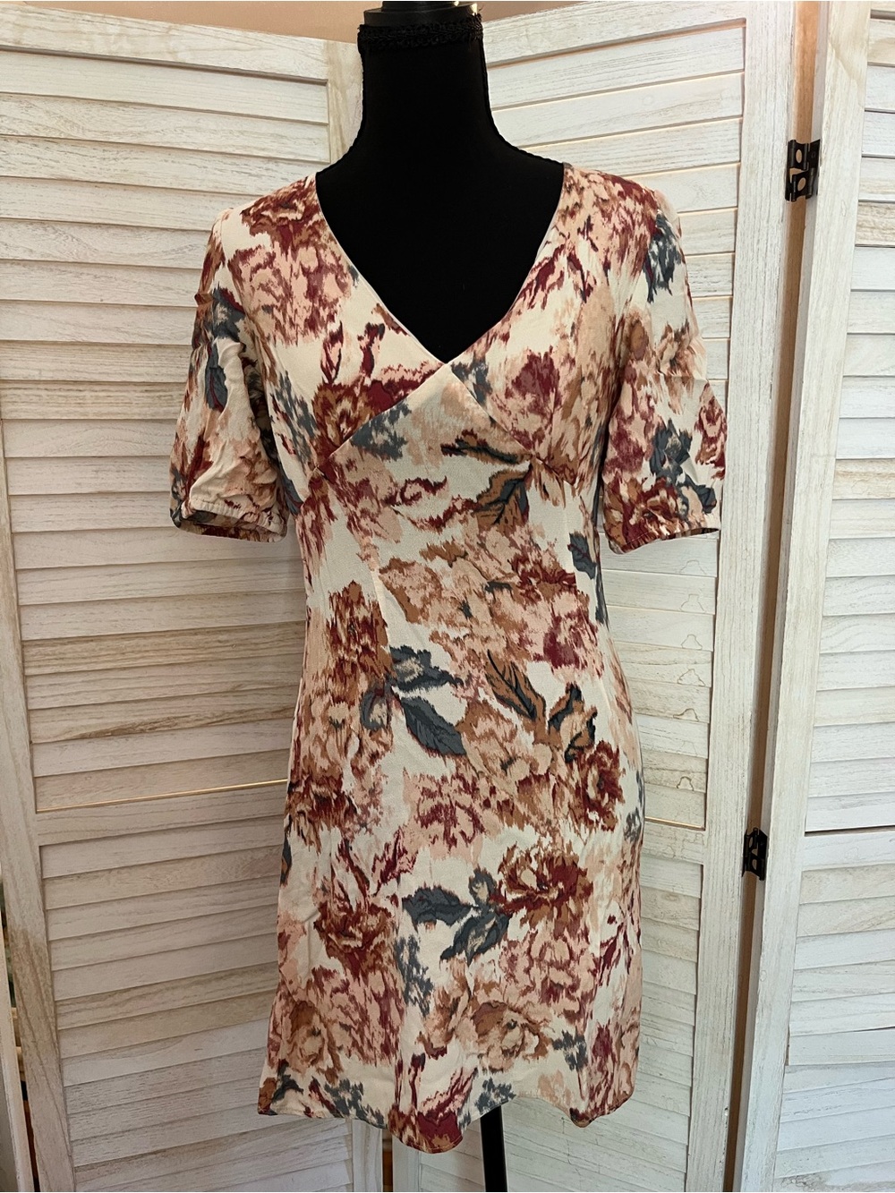 H&M Floral Wrap-Style Dress in Cream, Rust, and Slate
